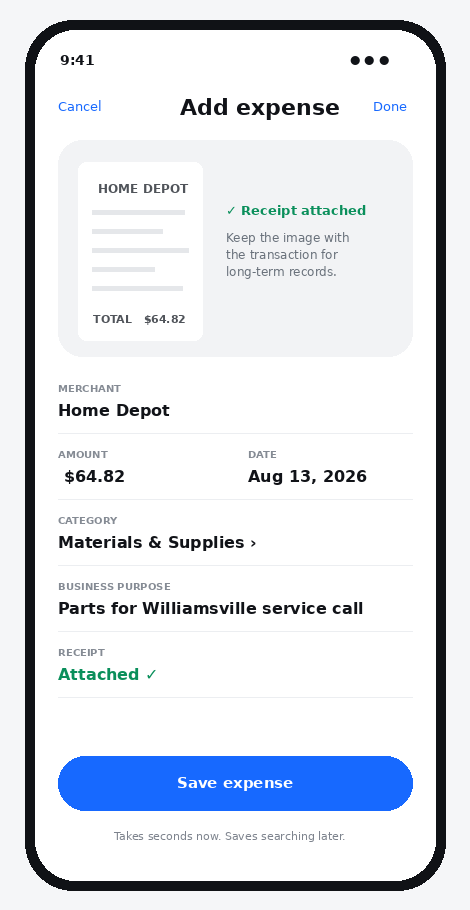 Concept mobile expense screen with receipt image attached